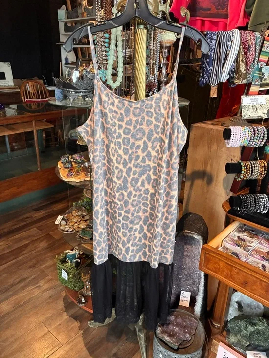 Lucky & Blessed Leopard Print Mini Dress with Black Sheer Hem - Picture 3 of 6